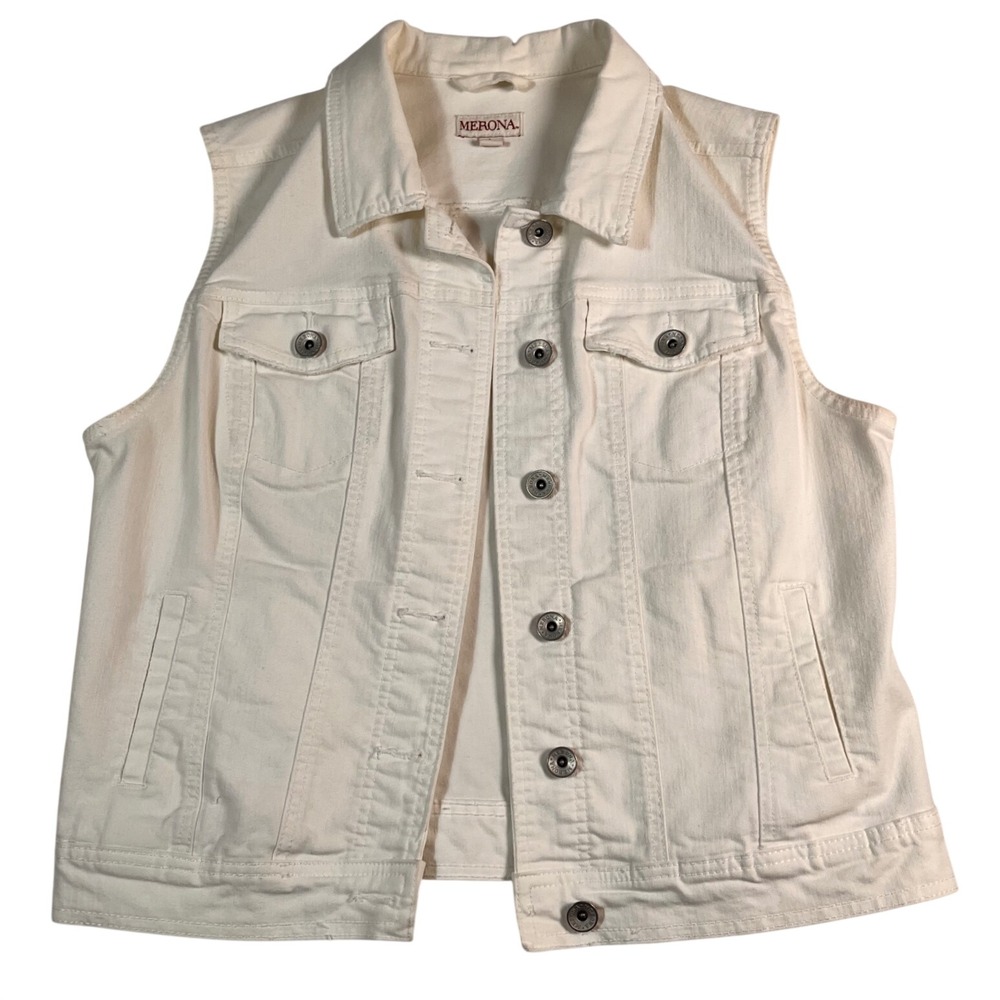 Merona Cream White Denim Vest Womens Large Stretch Button Front Trucker Jacket